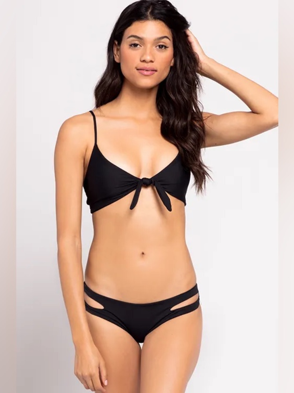 L Space Black Flashback Bikini Top Large Knot Tie Keyhole Plunging V Neck